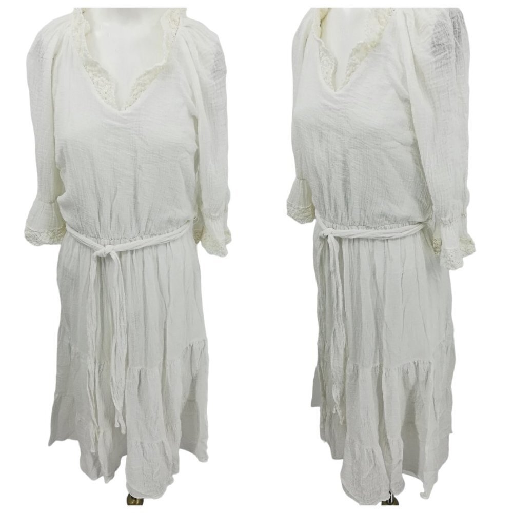 Vtg Alicia Gauzy White Crochet Lace Vintage Dress Size 5/6 Boho Bohemian Cotton